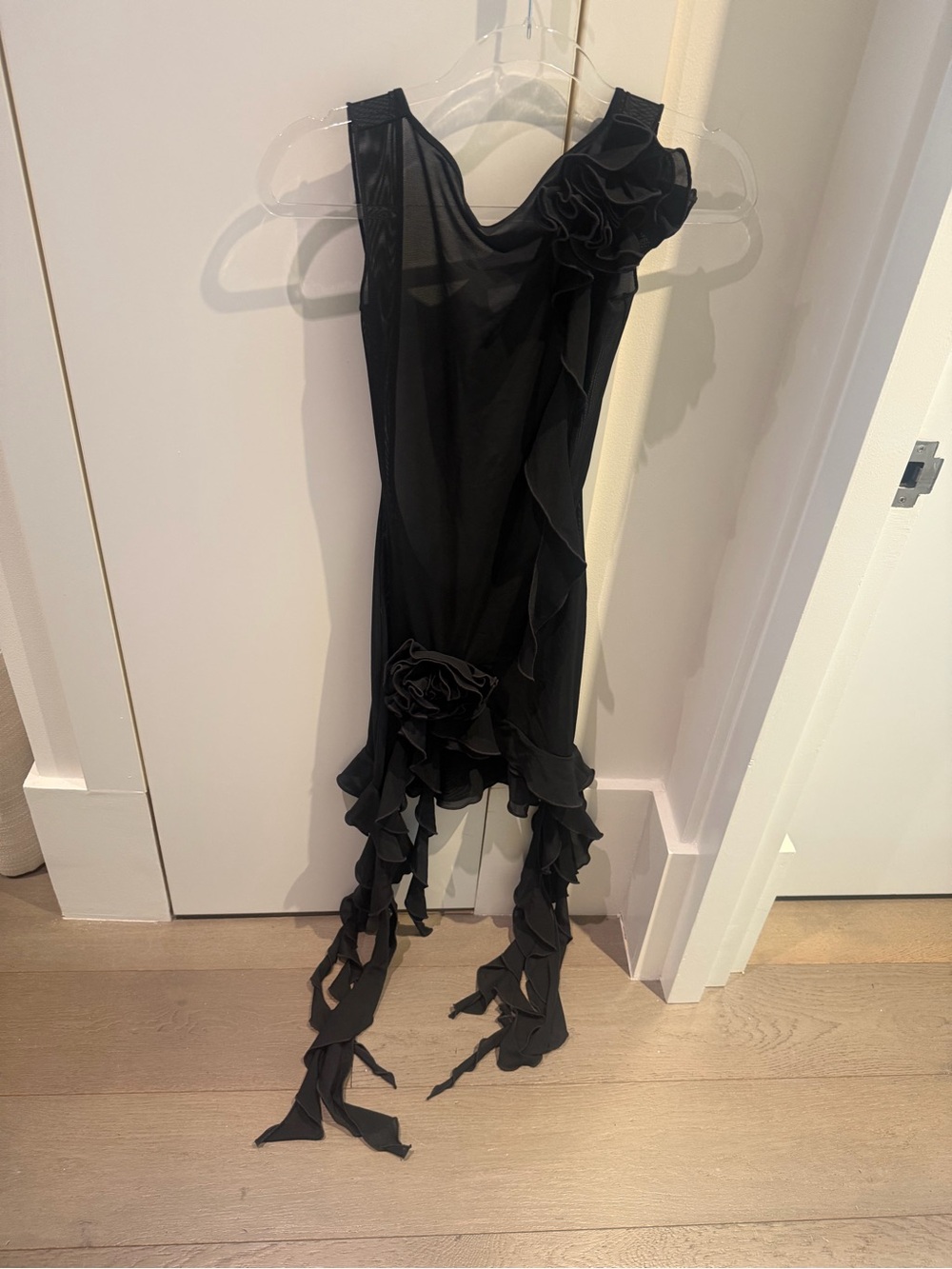Elegant Black Mini Dress with Ruffle Rose Details